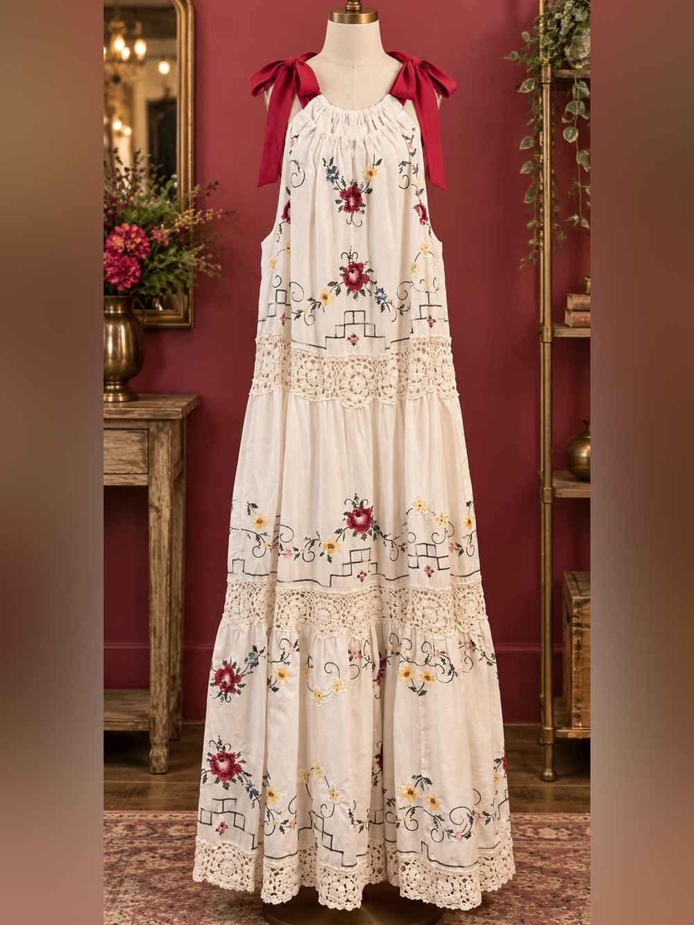 Love the Label Boho Embroidered Cream tea rose Maxi Dress Needlepoint $395 New M